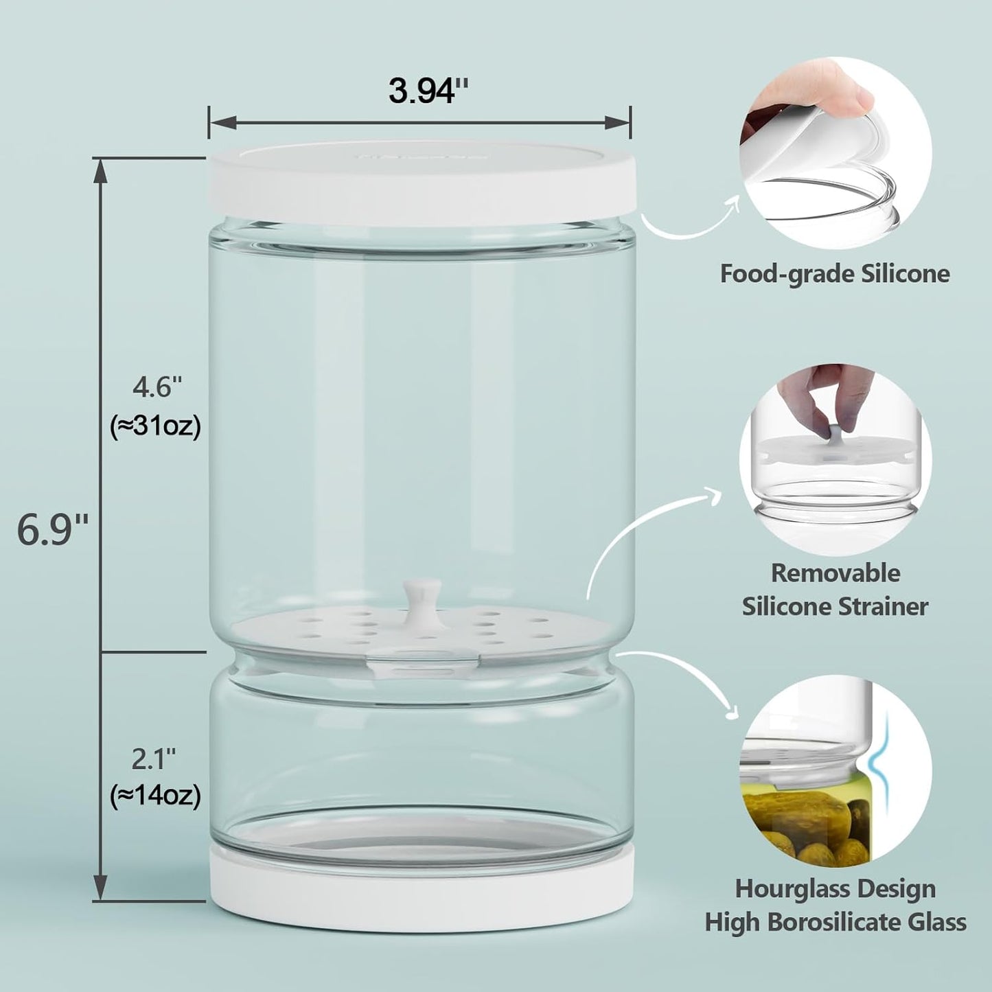 Glass Pickle Jar with Strainer for Pickle Lover - 45 Oz Leakproof and Airtight Juice Separator for Olive, Gherkin, Chilli, BPA Free, Dishwasher and Refrigerator Safe (White&Blue, 45oz*2pcs)