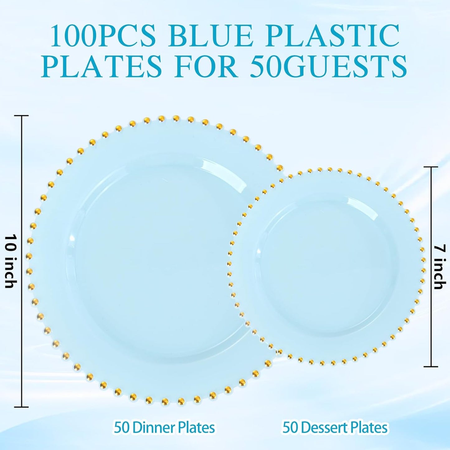 supernal 100PCS Blue Plastic Plates with Gold Beads - Disposable Heavy Duty Elegant Light Blue Plastic Plates Set Include 50 Dinner Plate and 50 Dessert Plate Perfect for Wedding, Birthday & Party