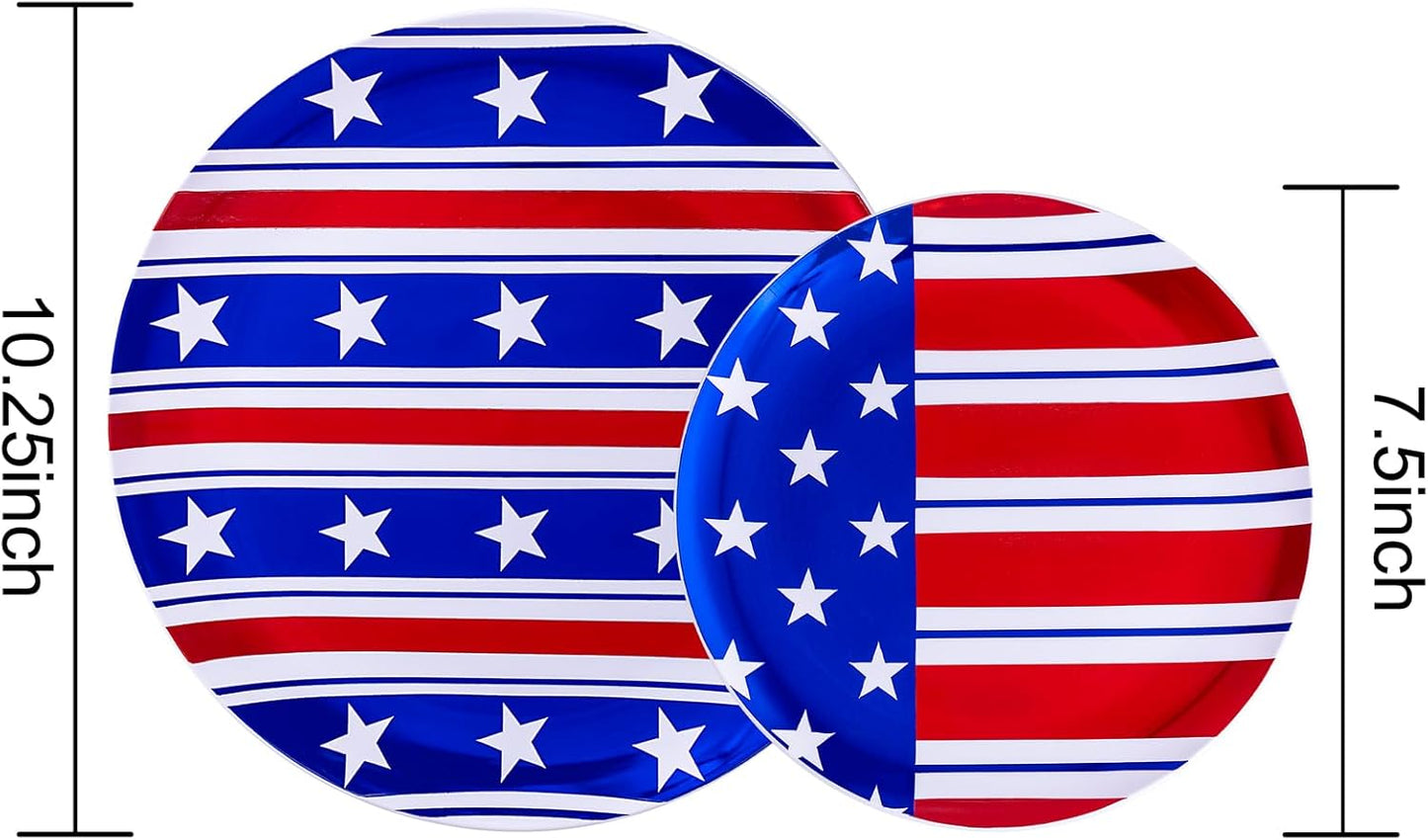 FLOWERCAT 60PCS 4th of July Plates & Red White Blue Plates for Independence Day, Memorial Day - American Flag Plastic Plates Include 30PCS 10.25inch Dinner Plates and 30PCS 7.5inch Dessert Plates
