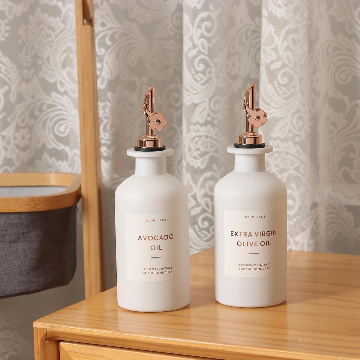 HOMCDALY Olive Oil Dispenser for Kitchen, 11.8oz Glass kitchen Dispenser Bottle, Rose Gold Oil&Vinegar Cruet Set, Leakproof Oil Containers for Cooking, Kitchen Decor | Set of 2 (11.8oz – Rose Gold)