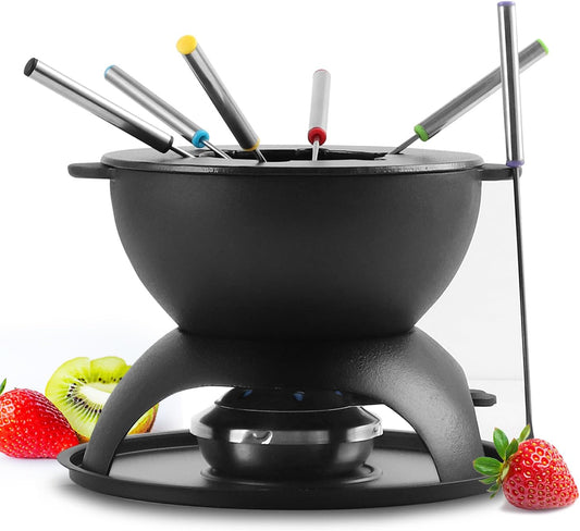 Artestia 5-Cup Cast Iron Fondue Pot for Chocolate, Cheese Fondue Pot with 6 Colored Forks for Fondue Party, 4-6 Person, Black