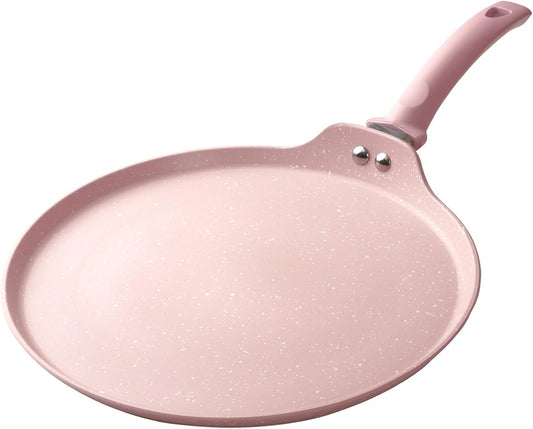 Nonstick Crepe Pan, Granite Coating Flat Skillet Dosa Tawa Tortilla Pan, 10 inch Pink Pancake Griddle Roti Pan With Stay-Cool Handle, Induction Compatible, PFOA Free