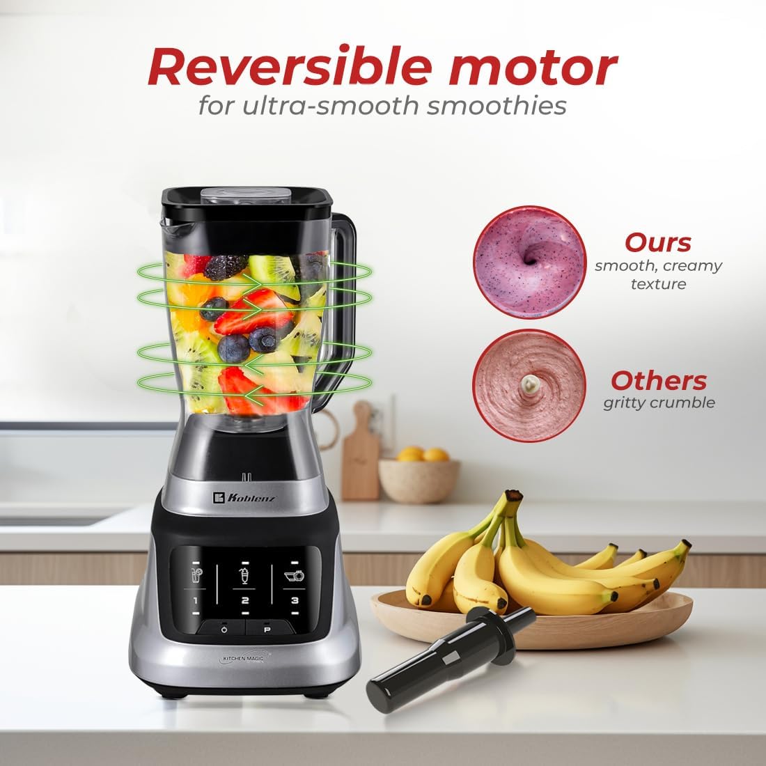 Koblenz Professional Blender, Countertop Blender for Shakes and Smoothies with 3 Speeds, 1200-W Motor, 68 Oz. Capacity, Super Silent Operation, Includes Tamper Accessory, Black/Chrome, LKM-9406