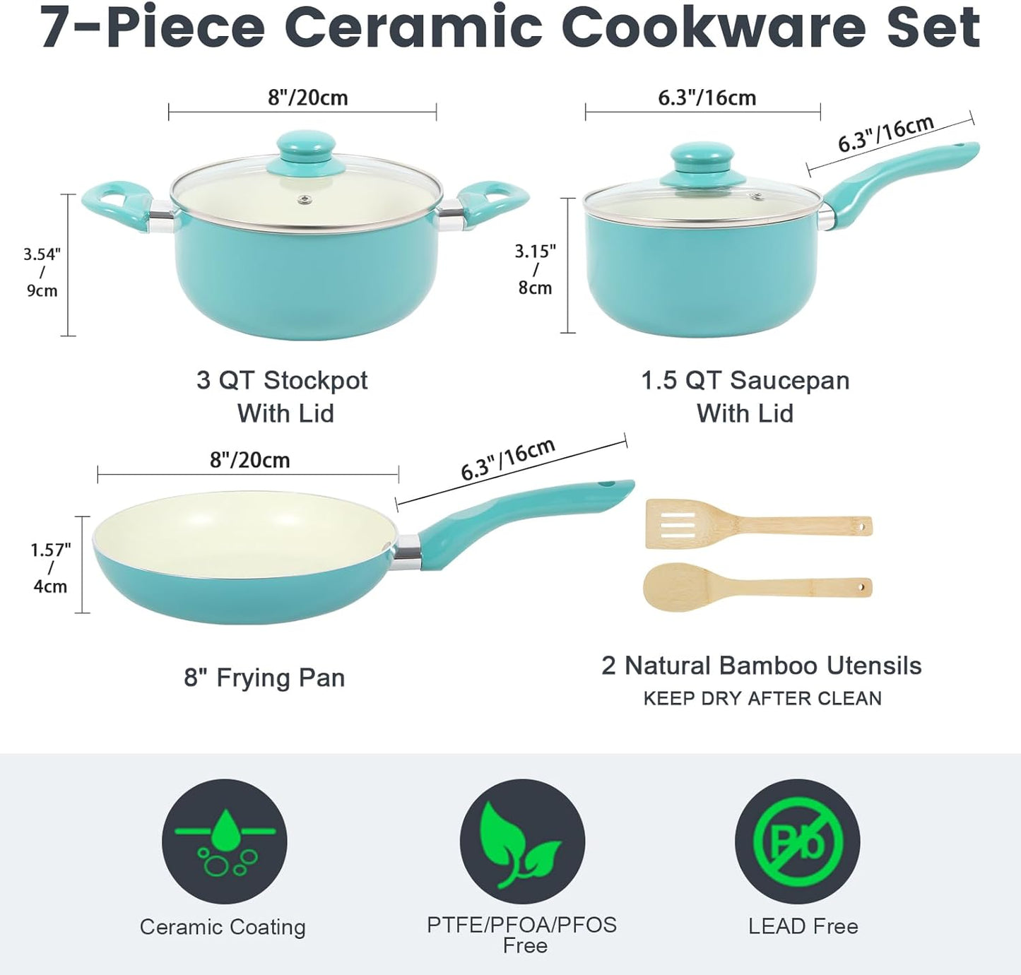Pots and Pans Set, 7 Piece Nonstick Ceramic Cookware Set, Kitchen Induction Cookware Sets, Pots and Pans Non Stick with Stay Cool Handle, 100% PFOA Free, Turquoise