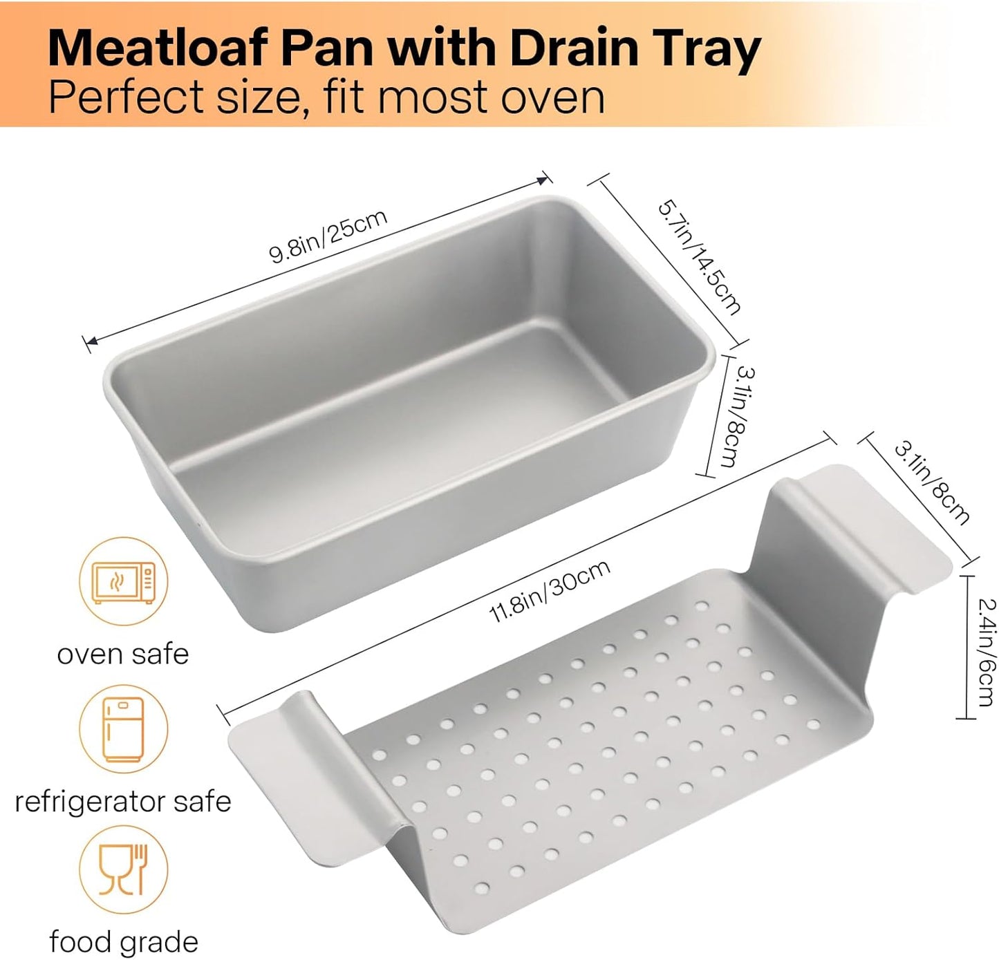 Meat Loaf Pan with Drip Tray, Meatloaf Pan 2LB, 2-Set Meatloaf Pan with Drain Tray Nonstick, Large Rectangular Pans for Baking Bread, Meat and Draining Grease Off, Oven Safe, Silver