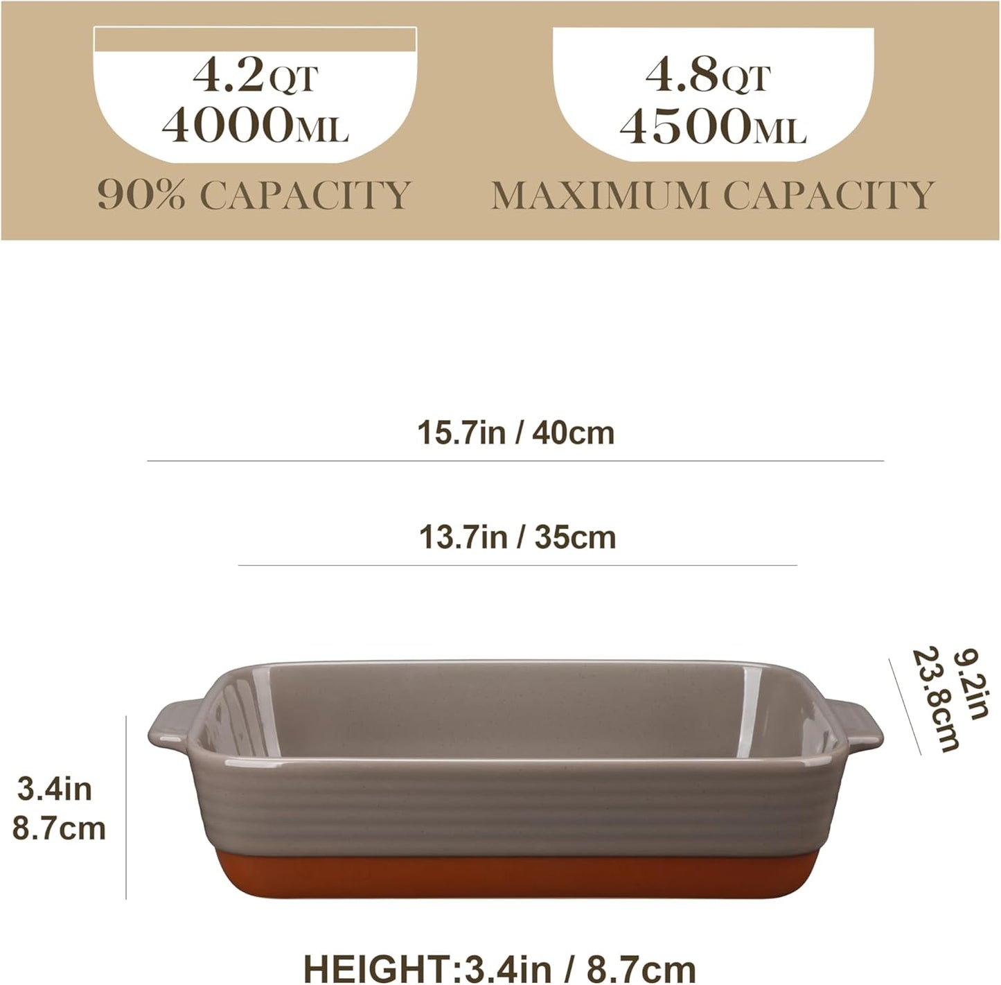 MALACASA 4.8 Qt Lasagne Dishes for Oven, 9 x 13 Inches Brown Ceramic Oven Dish with Handles, Deep Rectangular Baking Dish Casserole Dishes, Lasagna Pan Bakeware for Roasting, Series TARA