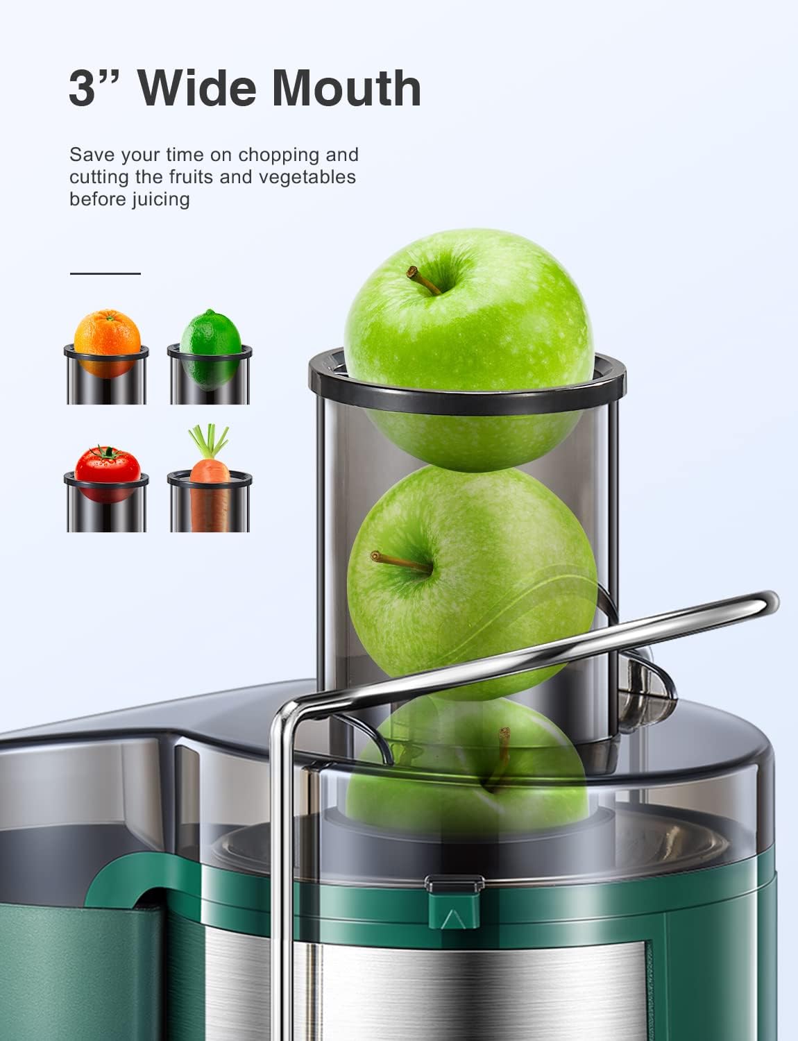 QCen Juicer Machine, 500W Centrifugal Juicer Extractor with Wide Mouth 3” Feed Chute for Fruit Vegetable, Easy to Clean, Stainless Steel, BPA-free (Green)