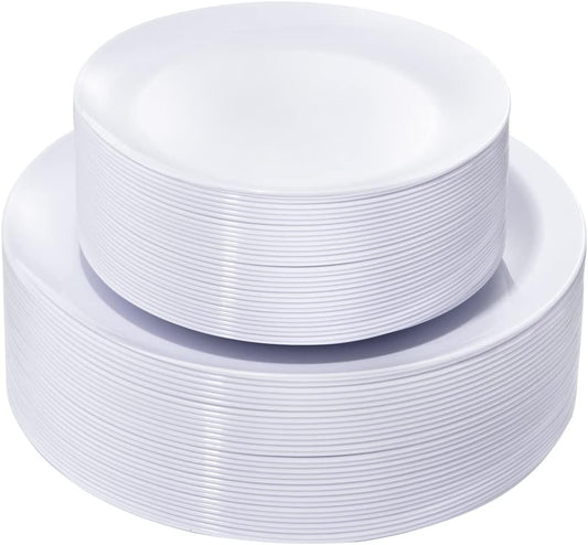 KIRE 60PCS White Disposable Plates - Heavy Duty White Plastic Plates for Party/Wedding - Include 30Pieces 10.25inch Dinner Plates and 30Pieces 7.5inch Dessert/Salad Plates