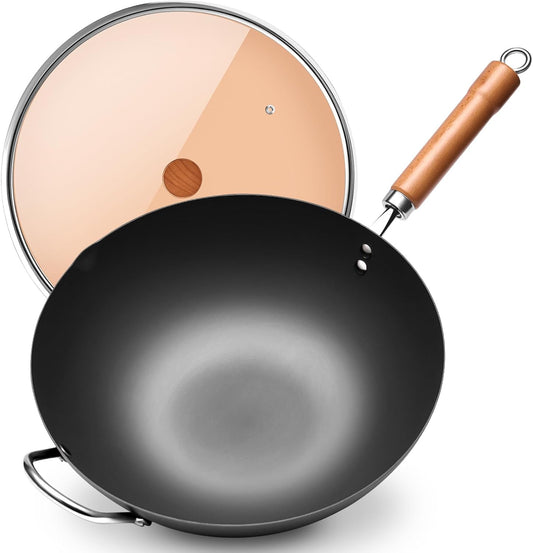 WANGYUANJI Iron Wok,12.59 inch Woks for Stir-fry, Chinese Stir Fry Pan Uncoated, Traditional Flat Bottom Iron Pot for Induction, Electric, Gas, Suitable for All Stoves(Pure Iron Wok)