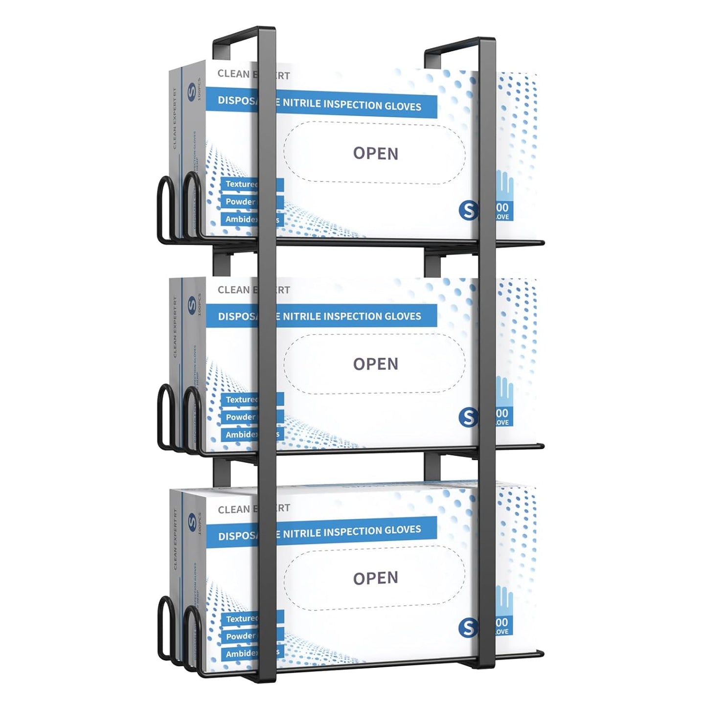 Glove Holder Dispenser for Wall Mount, Black Metal Disposable Latex Gloves Holder for Lab, Wall-Mounted Triple Rubber Box Holder, Tissue Rack for Kitchen and Garage