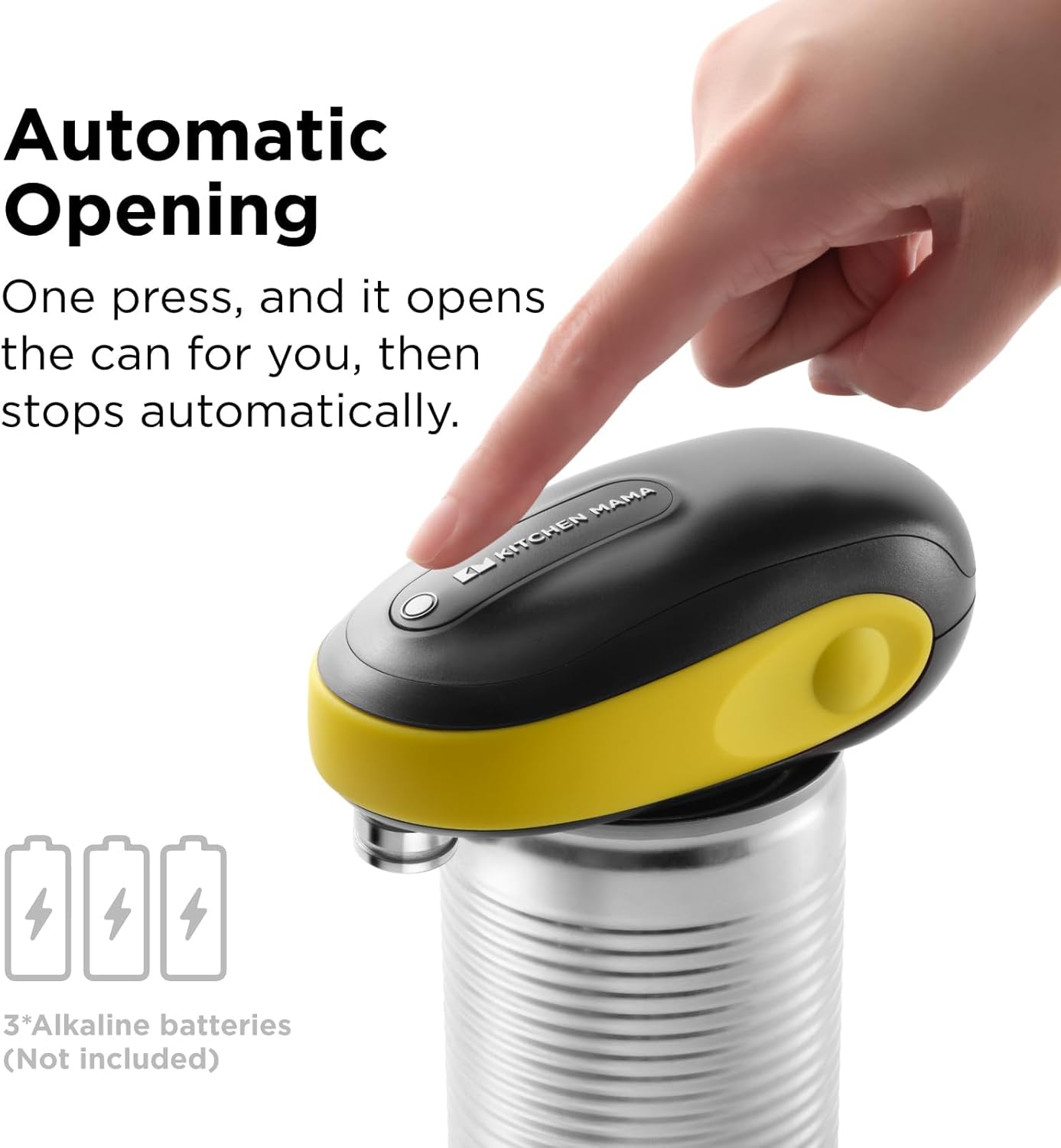 Kitchen Mama One-To-Go Electric Can Opener: One Touch, Auto Stop, Smooth Edge, Lid Lift, Safety, Automatic, Magnetic, Cordless, Battery Operated, Kitchen Appliance for Senior with Arthritis (Yellow)