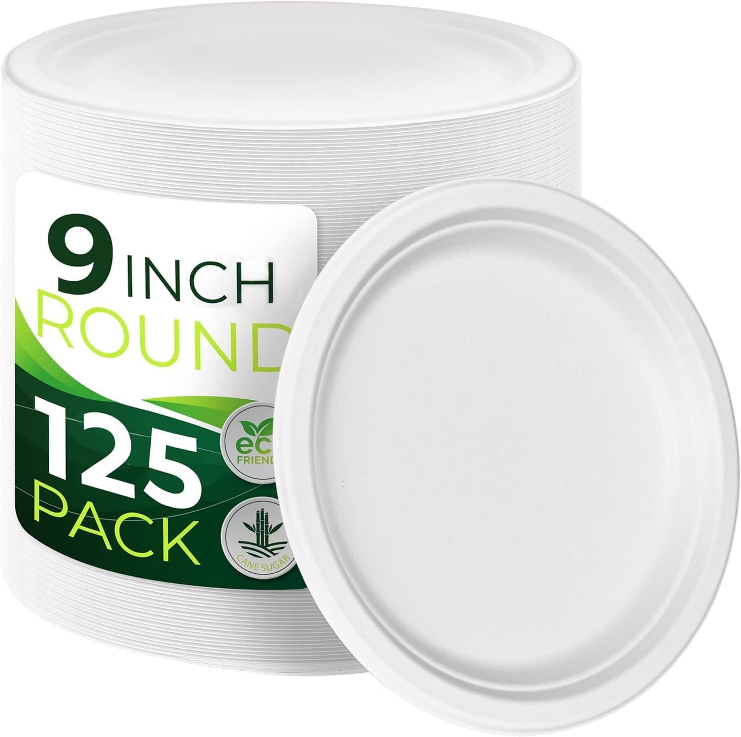 125 PCS 100% Compostable 9 in Paper Plates, Heavy Duty Disposable Plates, Eco Friendly Dinner Plates, Biodegradable Plates Made of Sugarcane Fiber