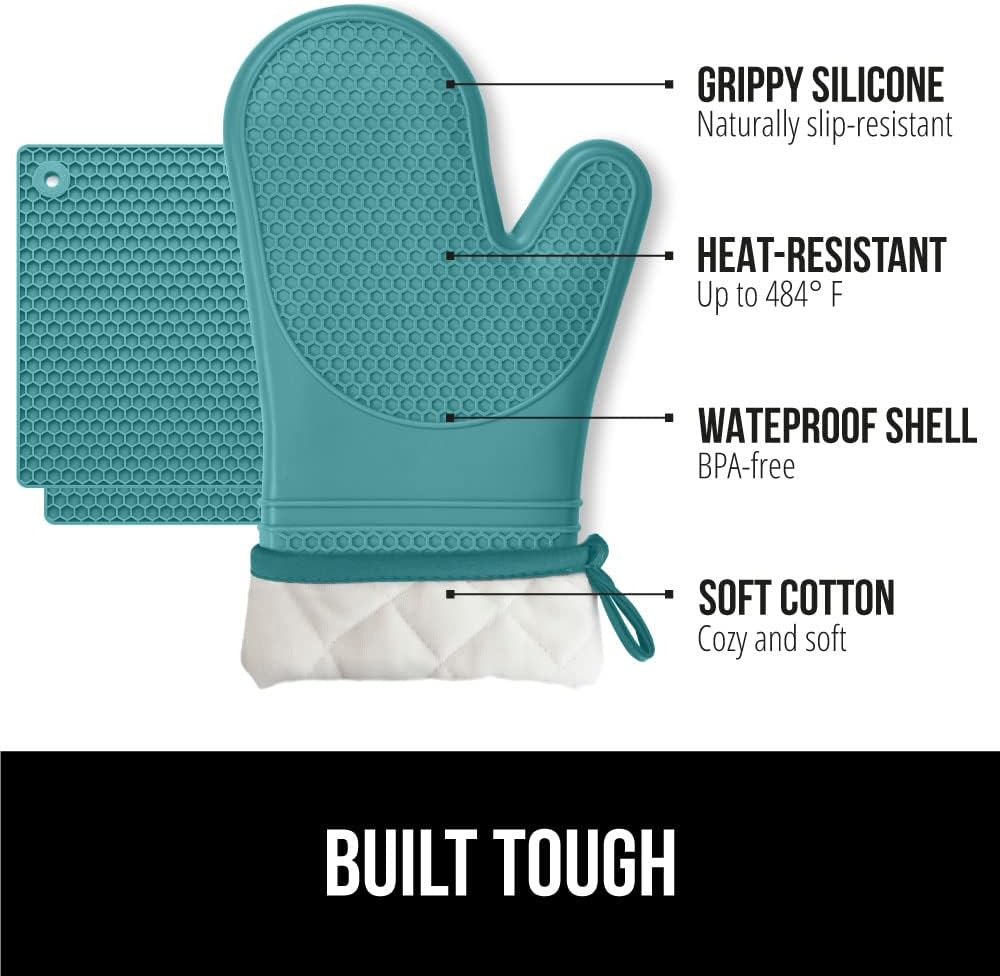 GORILLA GRIP BPA-Free Soft Silicone Oven Mitts and Pot Holders Sets, Heat Resistant Waterproof Cooking Gloves, Thick Cotton Lining, Flexible Gripping for Baking Grilling, Kitchen Trivets, Turquoise