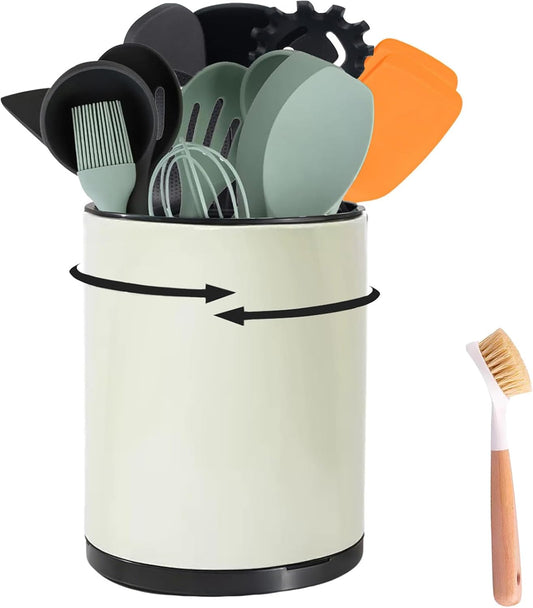 Kitchen Utensil Holder - 360° Rotating Stainless Steel Countertop Organizer for Spoons, Spatulas & Cutlery Storage, Cooking Silverware Caddy with Removable Base, Beige