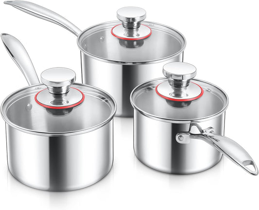 1/2/3QT Saucepan with Lid Set of 3, E-far 18/10 Stainless Steel Sauce Pan Pot Metal Triply Cookware for Kitchen Cooking Pasta Warming Milk Boiling Water, Induction Ready & Heavy Duty