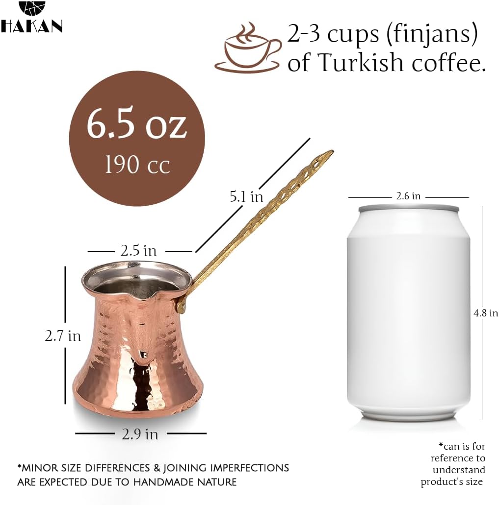 Hakan Turkish Coffee Pot | Stove Top Water Boiler, Coffee Maker, Butter, Chocolate & Milk Warmer | Even and Quick Heat with Handcrafted Copper Material | Coffee Gifts Idea, 6.5 Oz (190 cc)
