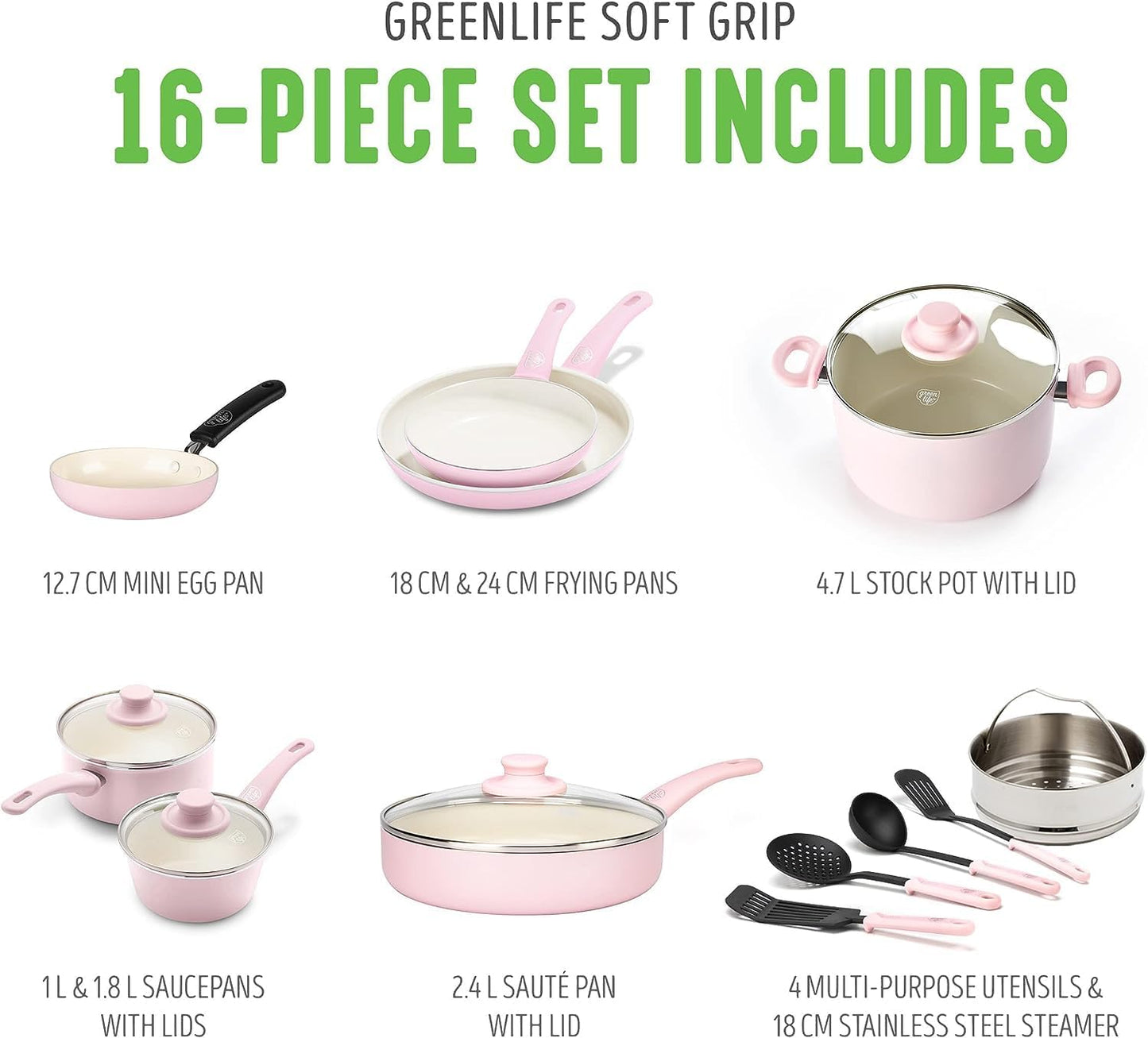 GreenLife 16 Piece Nonstick Cookware Set, Soft Grip Non-Toxic PFAS-Free Ceramic Pots & Pans, Dishwasher & Oven Safe, Frying, Sauce, Saute, Utensils, Glass Lids, Stay-Cool Handles, Wobble Free, Pink