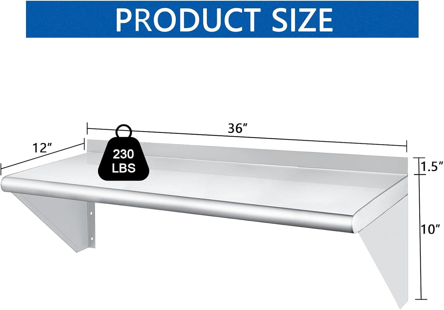 HARDURA Stainless Steel Shelf 12" x 36", 230lb Commercial Shelves Wall Mount Metal Shelving with Backsplash and Brackets for Kitchen, Restaurant, Laundry Room and Home