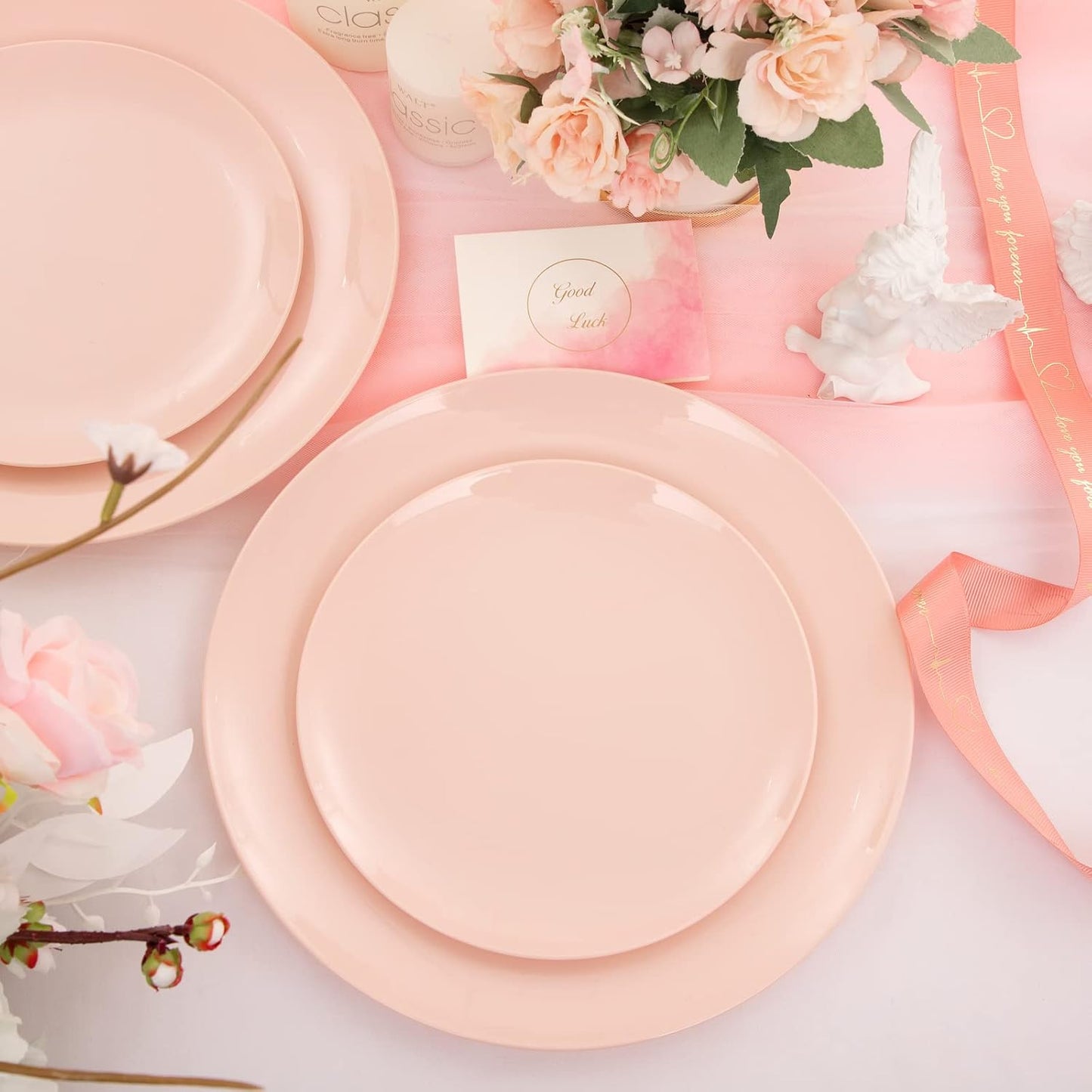 KIRE 60PCS Pink Plastic Plates Disposable - Heavy Duty Pink Plates for Party - Include 30Pieces 10.25inch for Dinner and 30Pieces 7.5inch for Dessert Salad