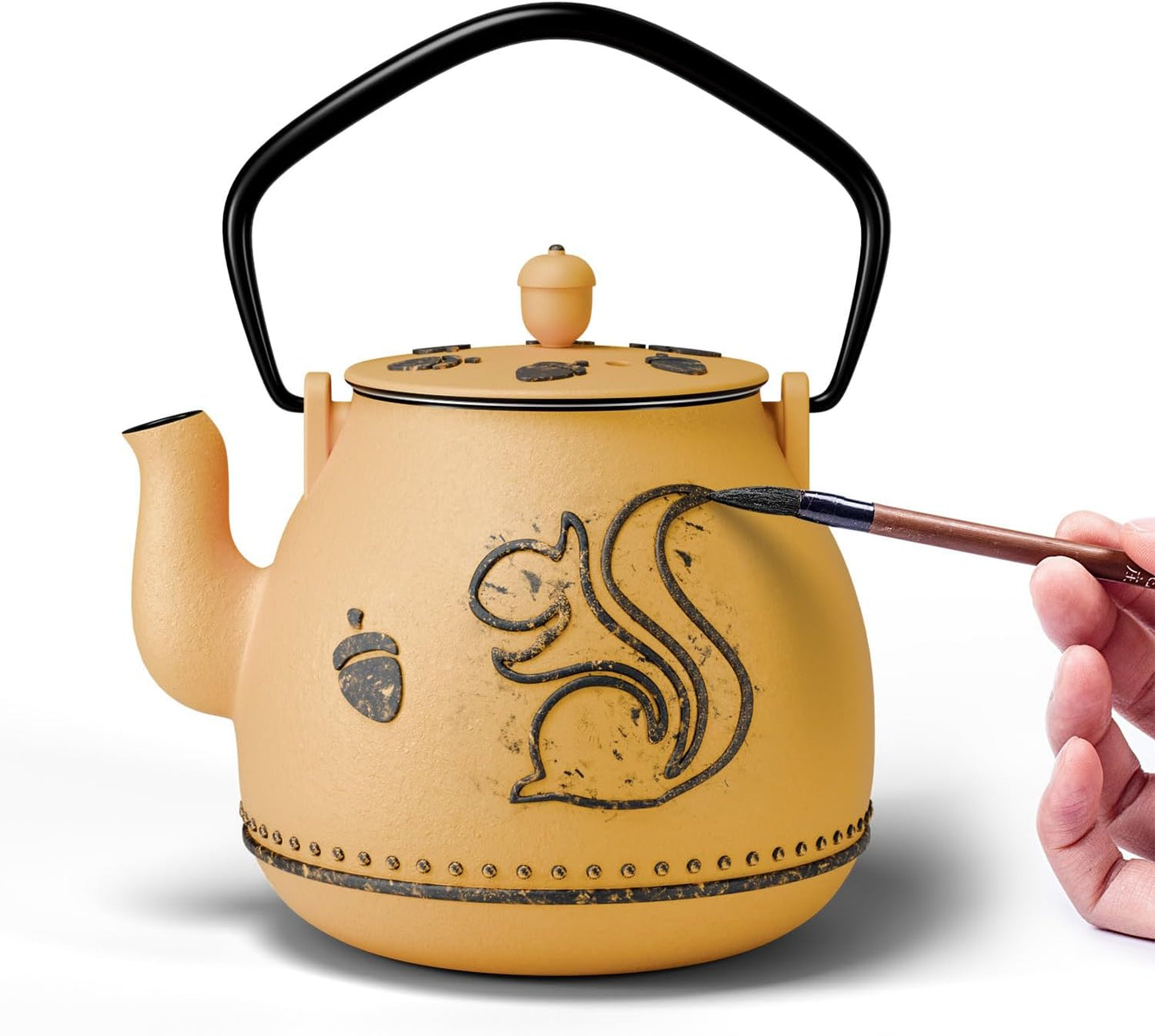 Toptier Teapot with Removable Infuser, Cast Iron Tea Kettle Stovetop Safe, Squirrel Design Tea Pot Coated with Enameled Interior for 32 Ounce (950 ml), Orange