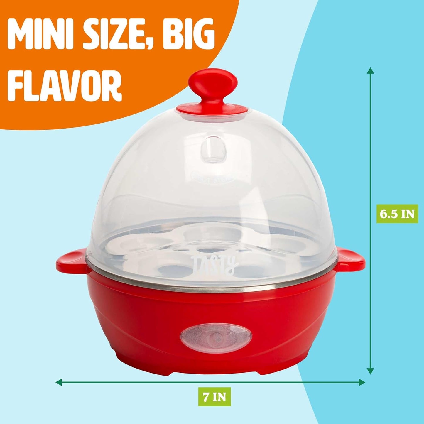 Tasty Mini Rapid Egg Cooker, 5-Egg Capacity for Perfect Hard Boiled Eggs or Omelets, Auto Shut Off, Red