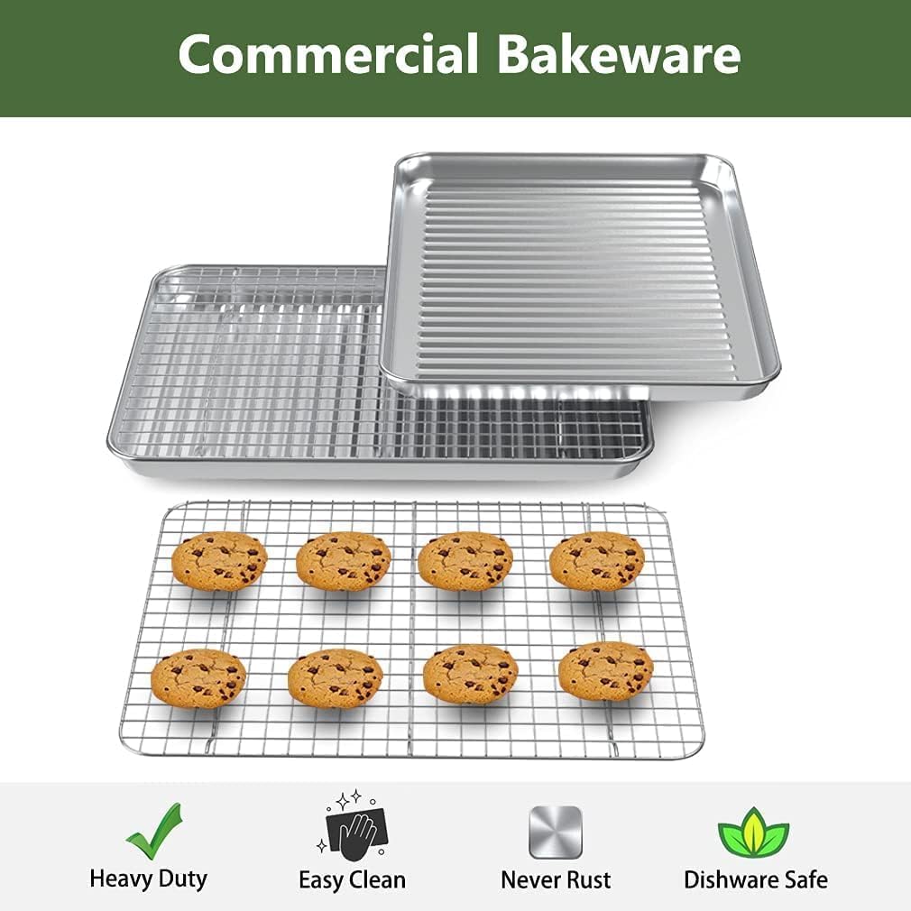 ROTTAY Baking Sheet, Half Sheet Pan with Cooling Rack Set [2 Pans + 2 Racks], Stainless Steel Baking Pan for Oven, Warp Resistant & Heavy Duty & Rust Free, Size 18 x 12 x 1 Inches