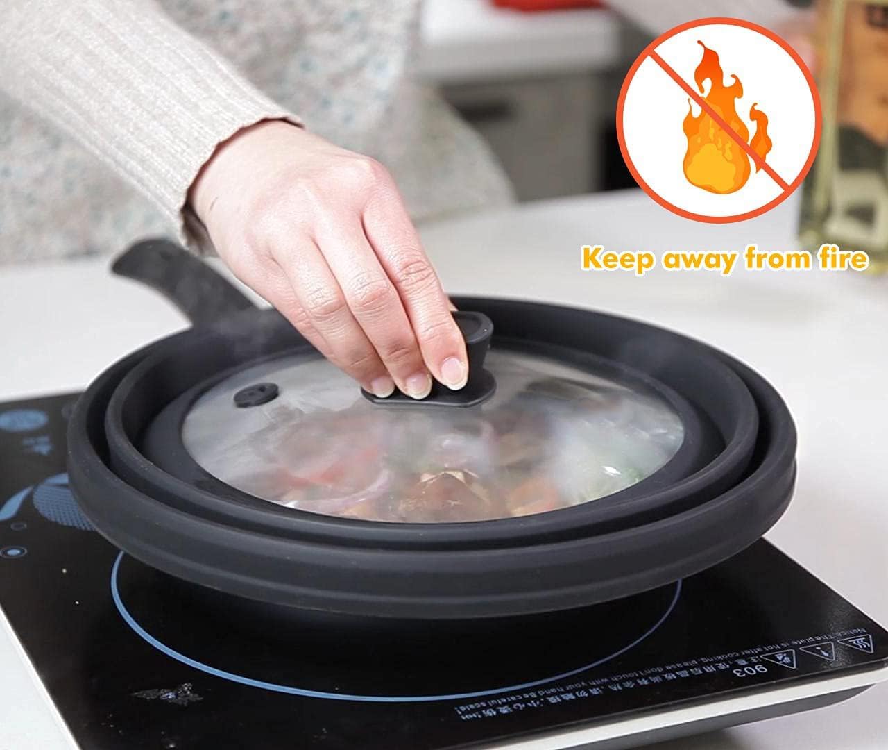 Microwave Splatter Cover Glass Splatter Guard Lid with Collapsible Silicone for Food Pot Plate Cover 11.8 inch Black