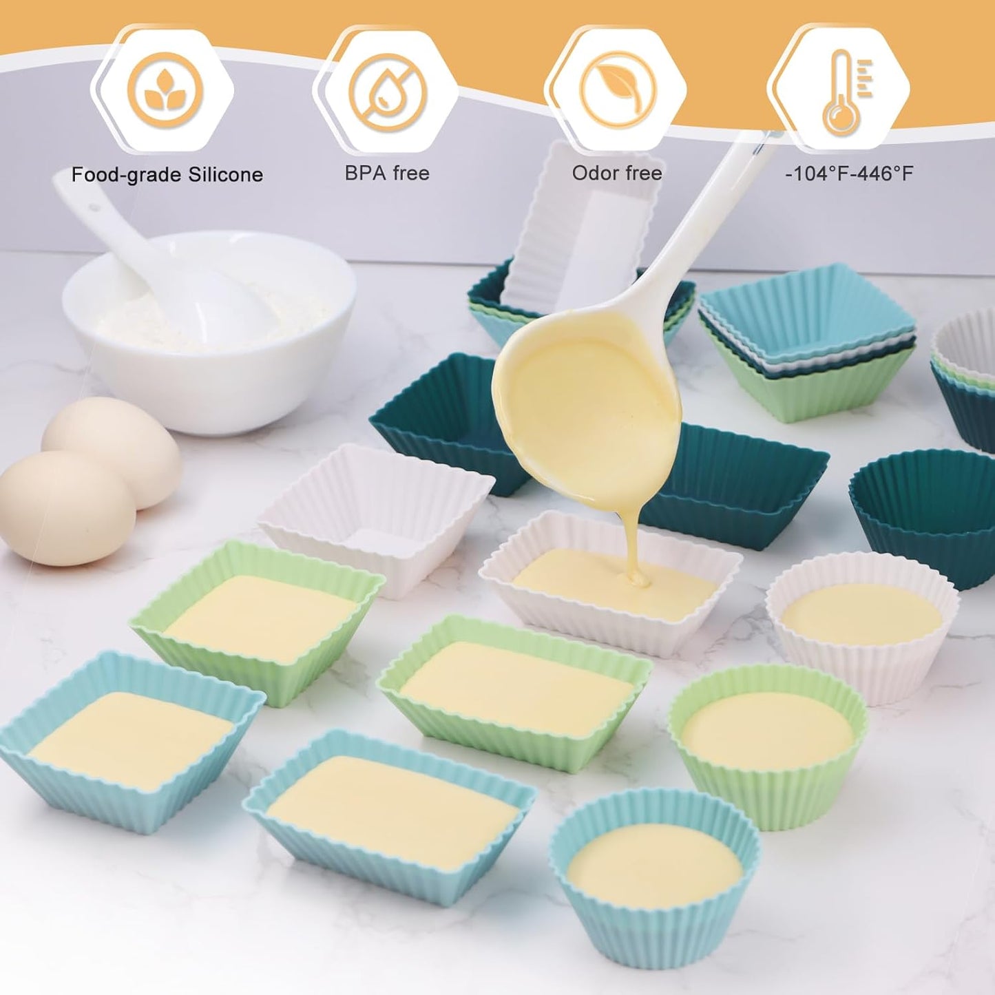 24Pack Silicone Muffin Cups, Reusable Cupcake Liners Molds for Baking, 3 Shapes Lunch Box Bento Dividers-Round, Square, and Rectangular (Neutral Colors, Large Size)