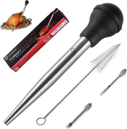 JY COOKMENT Stainless Steel Turkey Baster Baster Syringe for Cooking Meat Injector Set with 2 Marinade Needles 1 Cleaning Brush for Home Baking Kitchen Tool