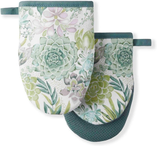Martha Stewart Succulents Mini Oven Mitt 2-Pack Set, Green, 5.5"X8"