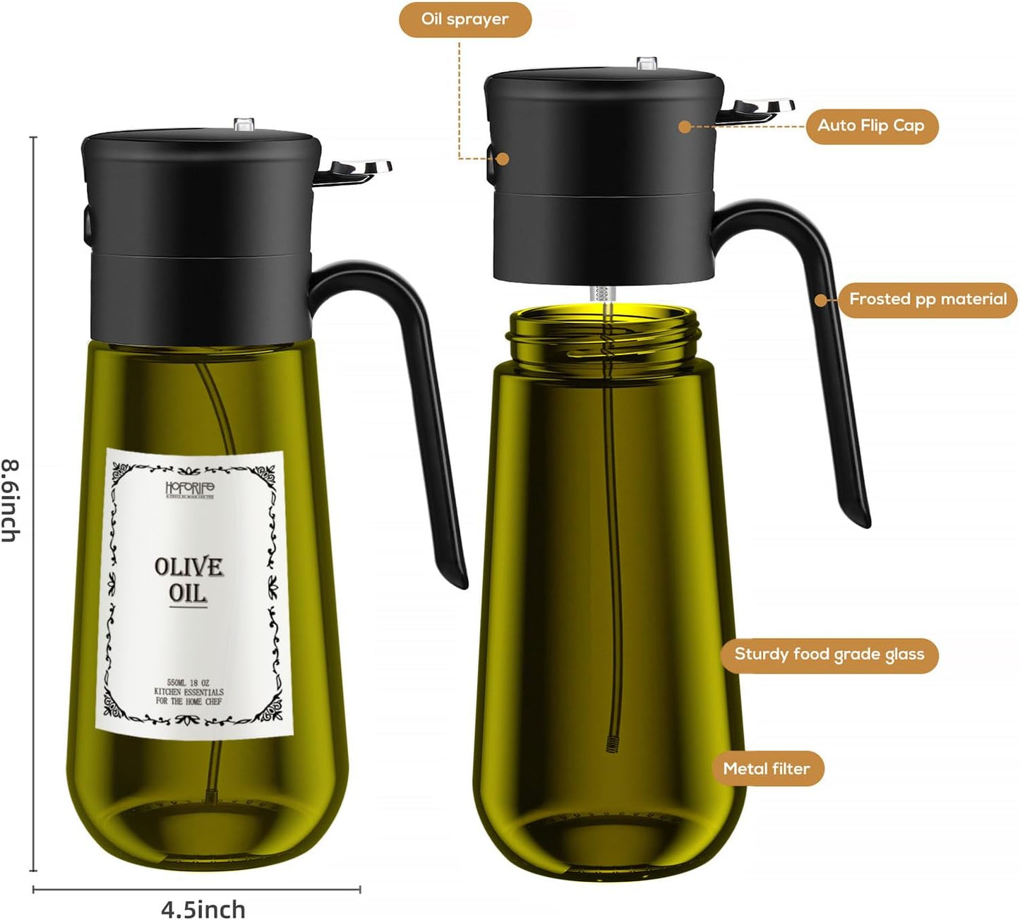 Glass Olive Oil Dispenser for Kitchen, 2 In 1 Oil Dispenser Bottle & Oil Sprayer for Cooking, Auto Flip Cap, 18oz Black (Light Blockage)