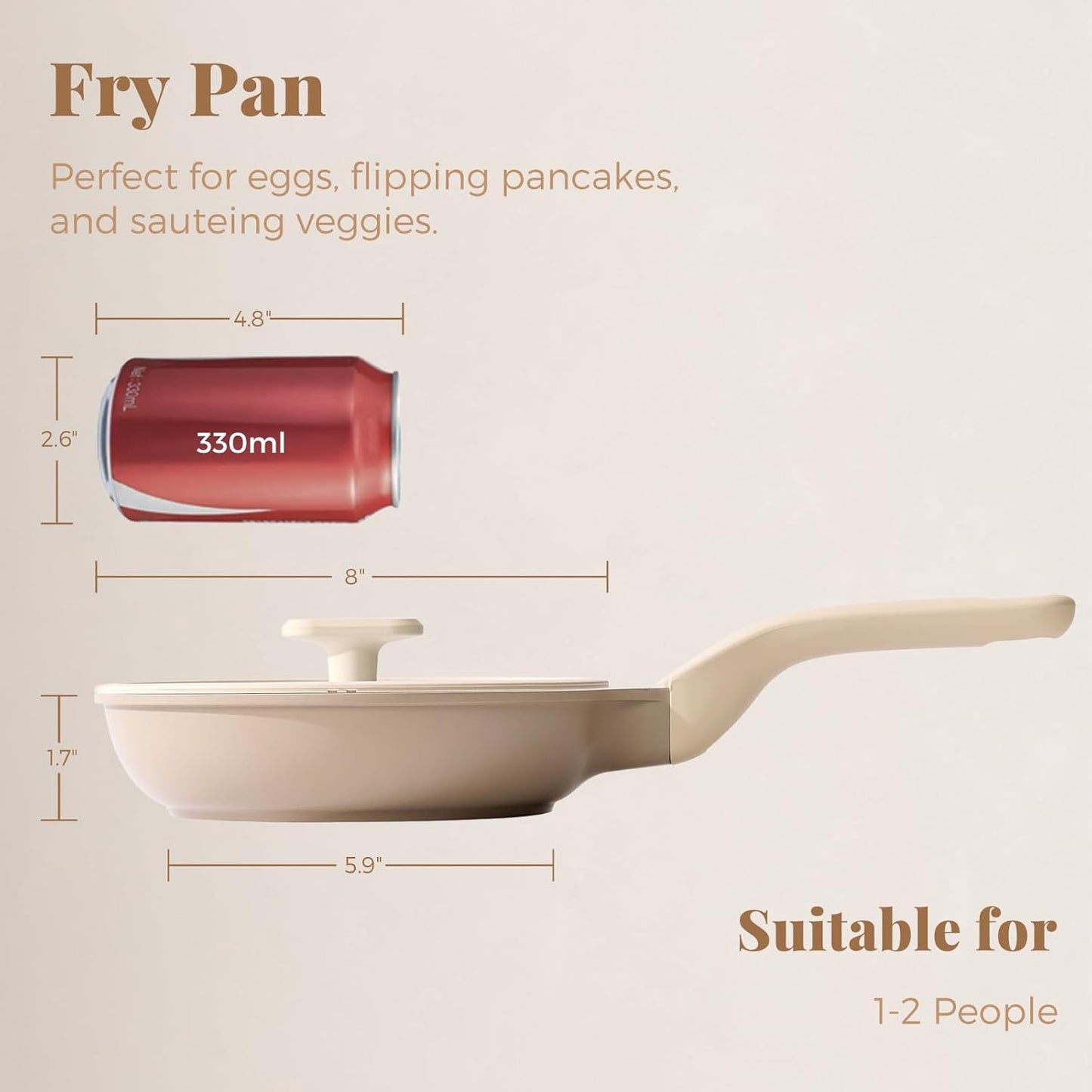 Nonstick Frying Pan with Lid, Healthy Skillet, Egg Pan Nonstick Omelet Pan Chef's Pan, PFOA & PTFE Free, Induction Compatible (8Inch W/L Natural Linen)