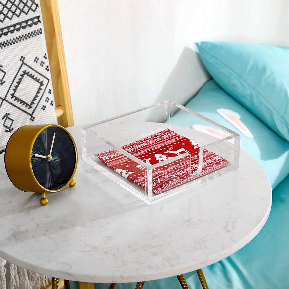 IEEK Acrylic Luncheon Napkin Holder,Decorative Napkin Tray for Dining Table and Kitchen,Clear Flat Napkin Holders Tissue Dispenser,7.1 x 7.1 x 2.6 inches