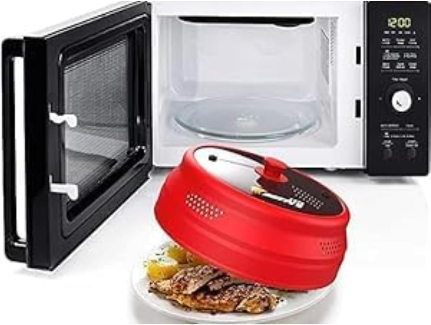 Collapsible Microwave Cover for Food - Silicone and Glass Splatter Guard Lid for 6-12 inch Plates & Bowls, Dishwasher Safe, Heat Resistant, BPA-Free, (Red).