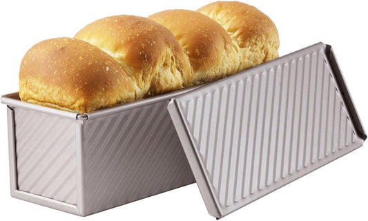 CHEFMADE Mini Pullman Loaf Pan with Lid, 0.66Lb Dough Capacity Non-Stick Rectangle Corrugated Toast Box for Oven Baking 2.8" x 8.1"x 2.8"(Champagne Gold)