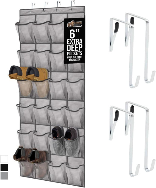 GORILLA GRIP Over the Door Shoe Organizer, 24 Extra Large Breathable Mesh Pockets, Space Saving Hanging Storage Holder, 4 Hook Closet Rack Hanger, Hangs on Closets for Shoes and Accessories, Gray