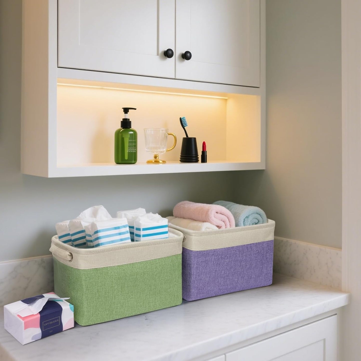 BALEINE 1 Pack Fabric Storage Bins for Shelves, Linen Storage Baskets for Organizing, Decorative Closet Bins for Clothes, Home (Green, 12"x8"x8")