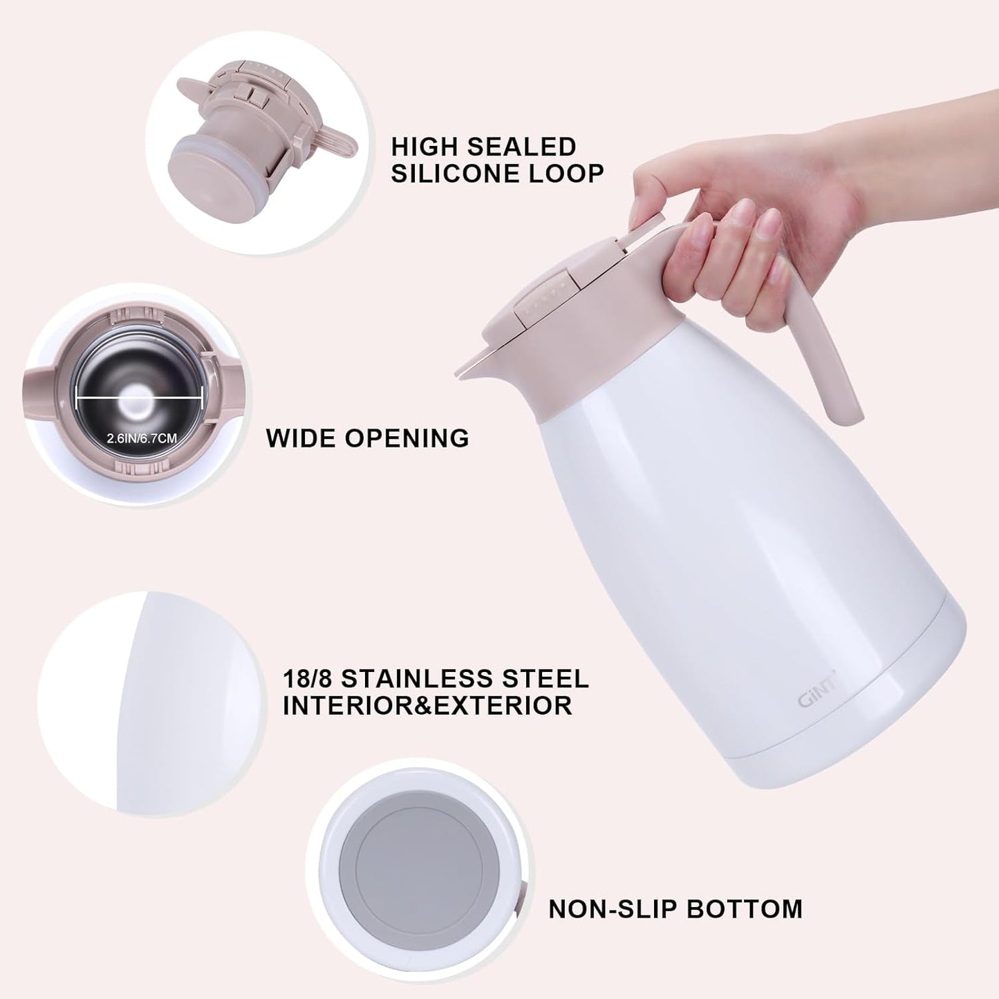 GiNT 2.2L / 74Oz Thermal Coffee Carafe, Insulated Stainless Steel Coffee Carafes for Keeping Hot/Double Walled Vacuum Thermal Carafe (White)