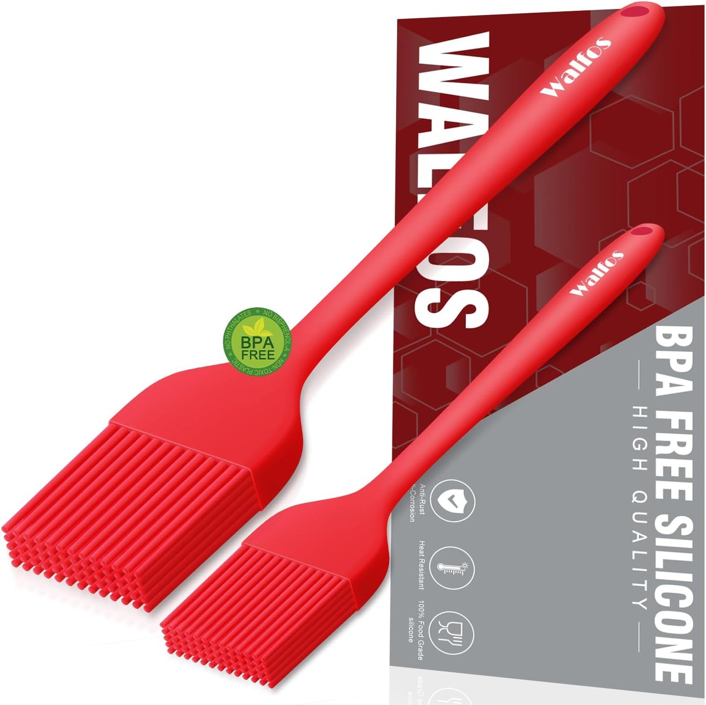 Walfos Silicone Basting Pastry Brush, Heat Resistant Pastry Brush Set, Strong Steel Core and One-Pieces Design, Perfect for BBQ Grill Baking Kitchen Cooking, BPA Free and Dishwasher safe, 2 Pcs (red)