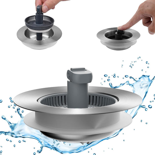 Hibbent Upgraded 3 in 1 Kitchen Sink Drain Strainer and Stopper Combo, Stainless Steel Metal Pop Up Sink Stopper, Anti-Clogging Basket with Foldable Handle for US Standard 3-1/2 Inch Drain