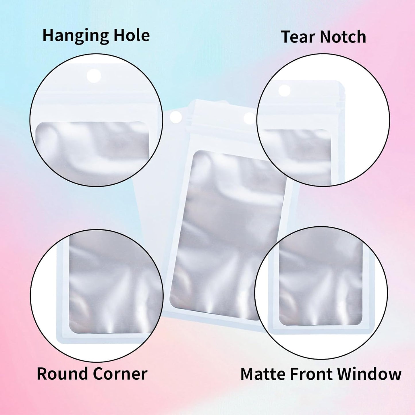 200 Pack Resealable Mylar Holographic Bags Food Storage Smell Proof Bags with Front Window Foil Packaging Pouch for Candy Sample Jewelry Small Business 4.72×7.87 Inch, White