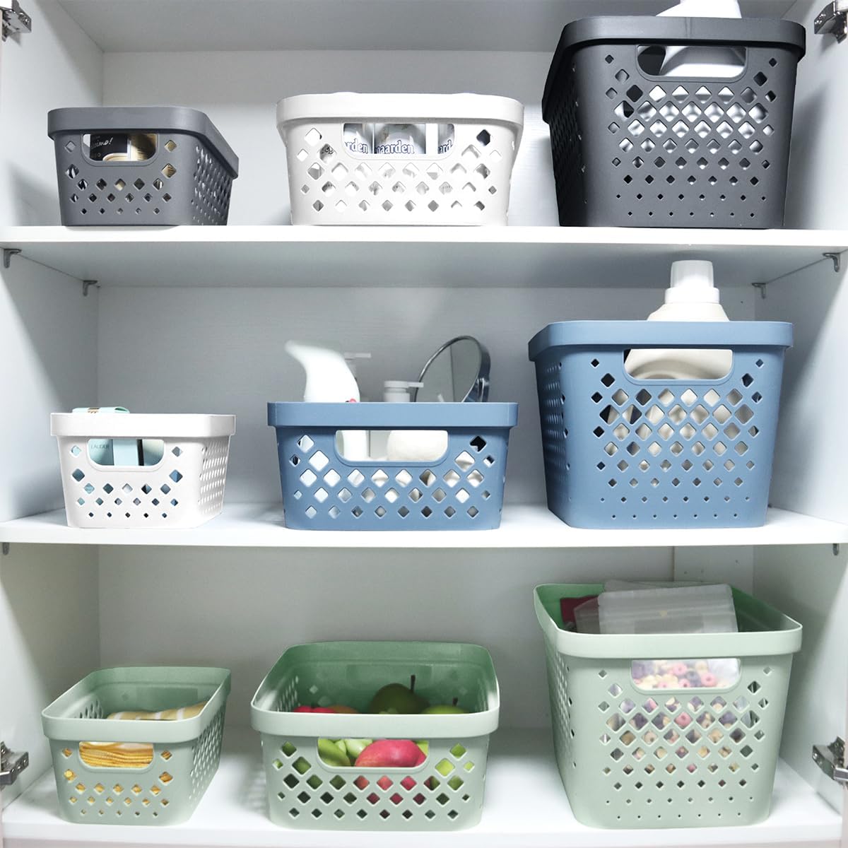 Glad Plastic Baskets for Organizing, Set of 6 | Pantry Storage for Under Counter, Linen Closet, and Bathroom | Nesting Shelf Bins with Handles, 1 Gallon, Sage