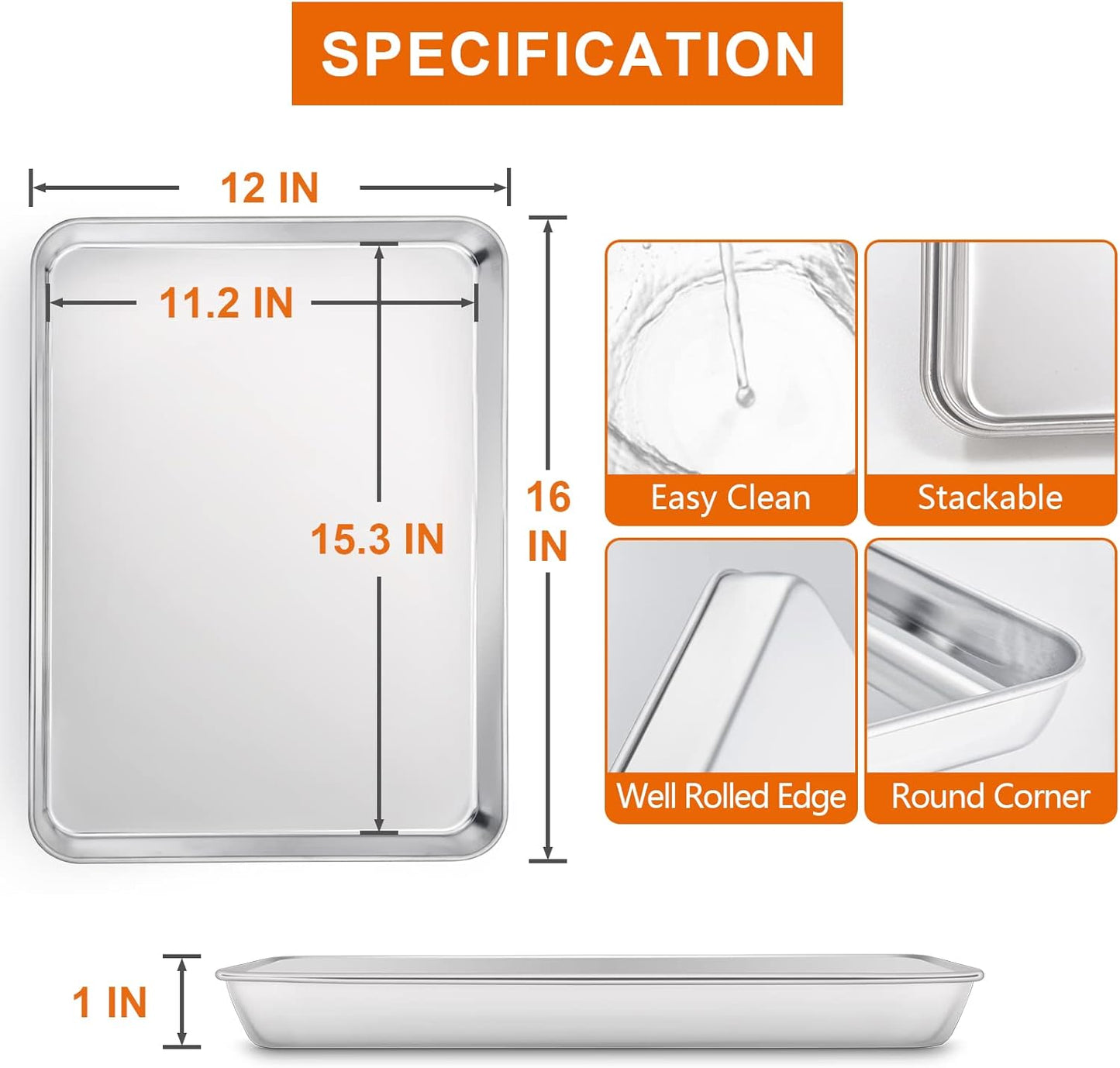 E-far Baking Cookie Sheet Set of 2, 16”x12” Stainless Steel Baking Sheet Pan with 50 Parchment Paper, Rectangle Baking Tray for Cooking Roasting, Rust Free & Heavy Duty, Oven & Dishwasher Safe