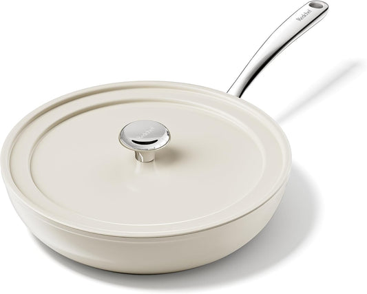 Redchef Ceramic Deep Saute Pan with Lid, Large Jumbo Cooker 3.5QT, 11" Frying Pan Nonstick with Stay Cool Handle, Non Toxic Cooking Skillet, Kitchen, Induction Dishwasher Safe, PFOA & PFAS Free(Beige)