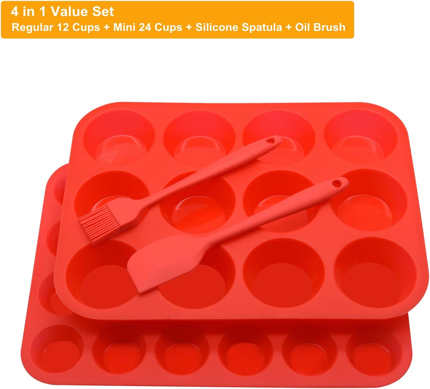 Silicone Muffin Pan Cupcake Set, Non-Stick Regular 12 Cups and Mini 24 Cups,Silicone Baking Molds,BPA Free Muffin Tin with 1 Silicone Spatula & 1 Oil Brush (Red)