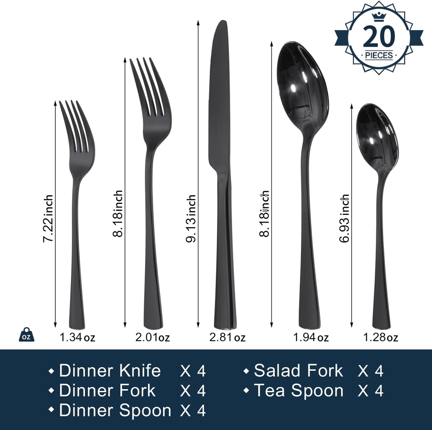 KINGSTONE 18/10 Stainless Steel Flatware, 20-Piece Forged Silverware Set for 4, Mirror Polished Cutlery Set Dishwaher Safe for Home, Restaurant, Wedding, Party, Black