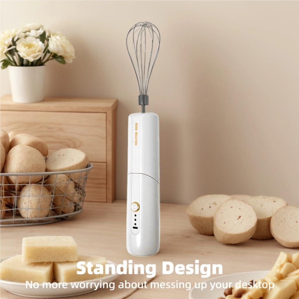 Cordless Hand Mixer, Foldable Design Handheld Electric Whisk with 3 Speed Modes, Hand Held Egg Beater with 2 Detachable Stir Whisks (White)