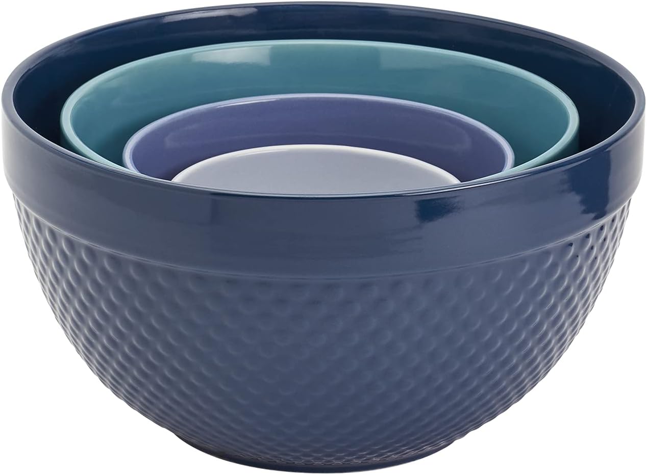 TTU Tabletops Gallery Hobnail Style 4 Piece Blue Storm Stoneware Nesting Mixing Bowl Set for Baking and Cooking