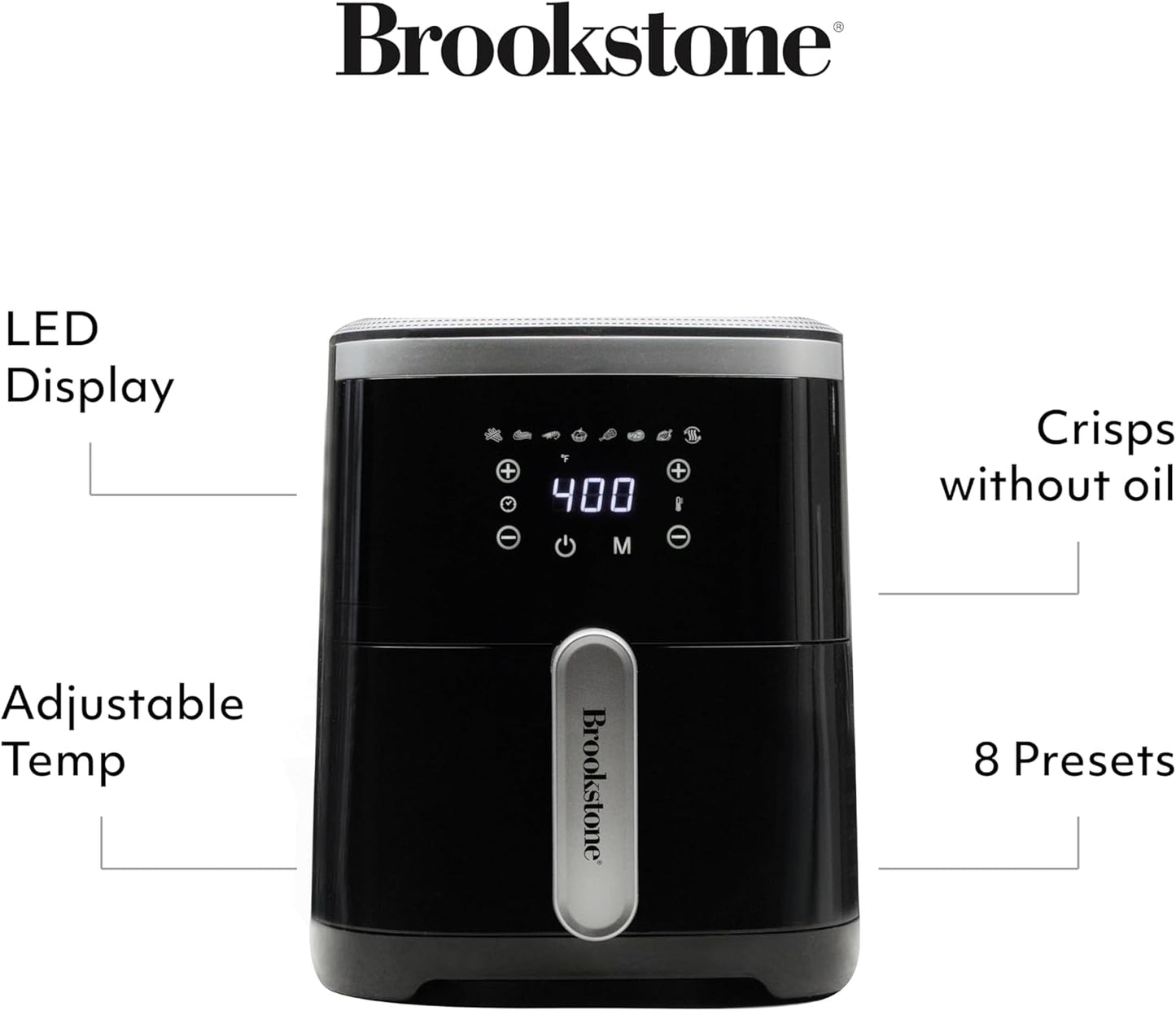 Brookstone Air Fryer – 4.5 Qt, 1300W Large Capacity Fryer with LED Display, 8 Presets, Adjustable Temp, Oil-Free Kitchen Appliance for Baking, Roasting, Frying, Healthy Crispy Meals, Black