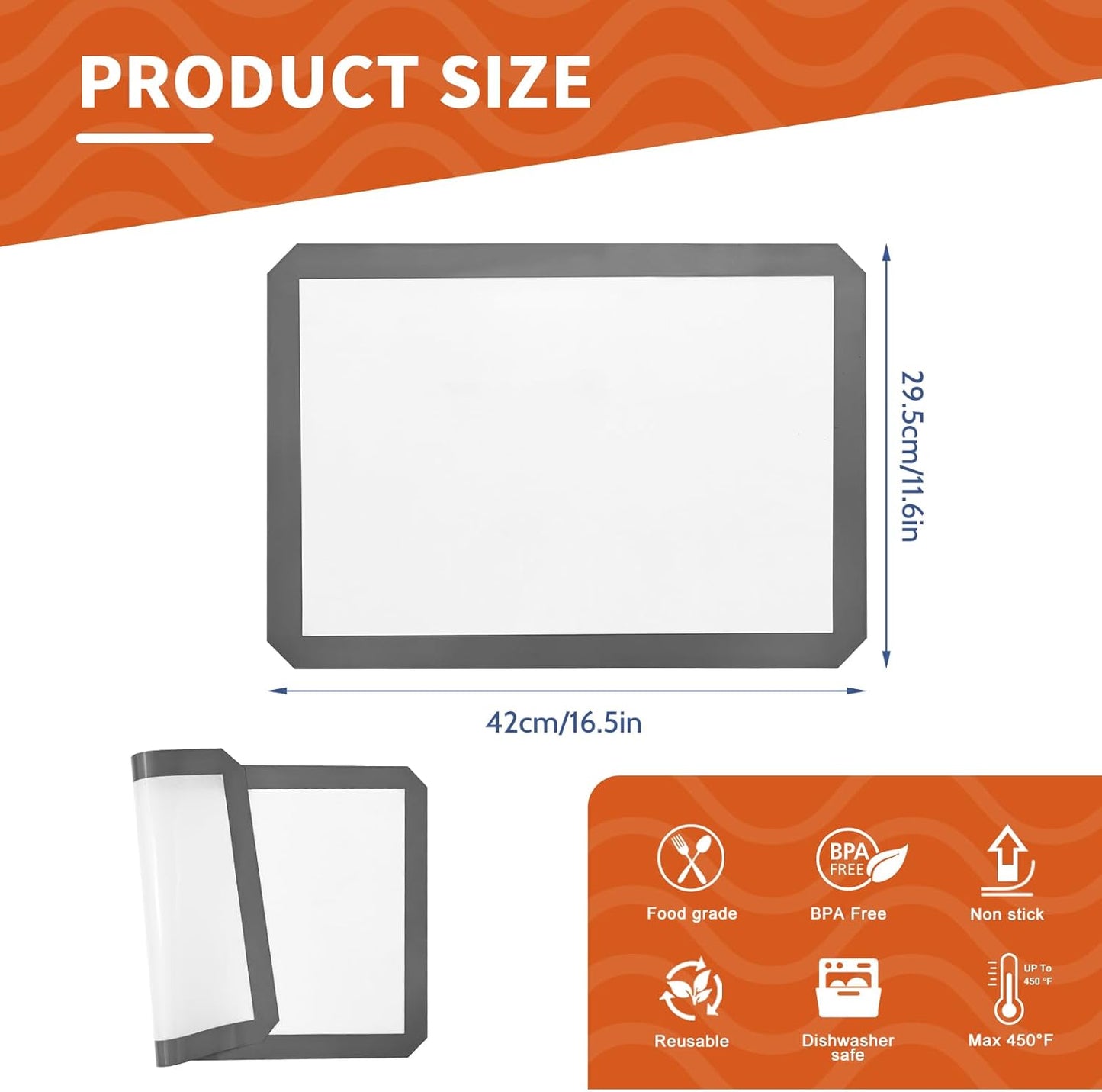 KitchenRaku Silicone Baking Mat, 16.5"x11.6" Non Stick Reusable Silicone Cooking Mat, BPA Free Baking Sheet for Cookies, Macarons Bread & Pastry, Toaster Pad Set of 2